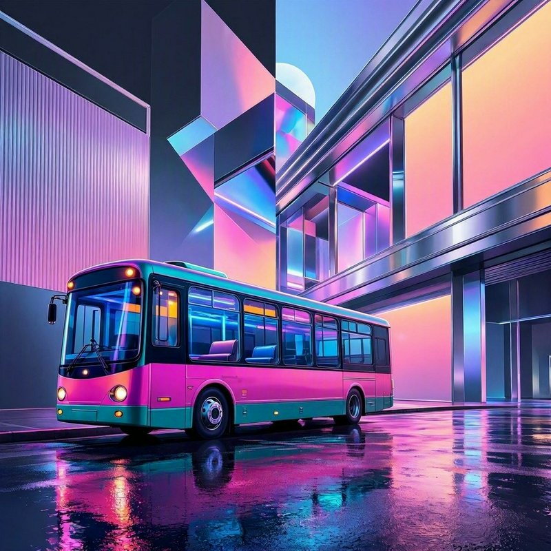 Futuristic pastel pink and teal city bus parked on wet reflective street between neon geometric m...