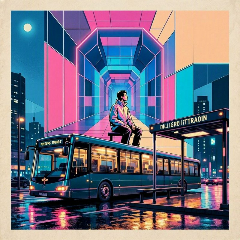 Surreal retro-futuristic illustration of a man seated atop a city bus at a neon lit rainy night b...