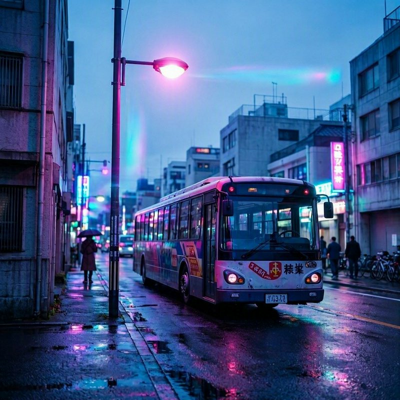 Parked public city bus on a rainy twilight Japanese street, neon lights reflect on wet glossy pav...