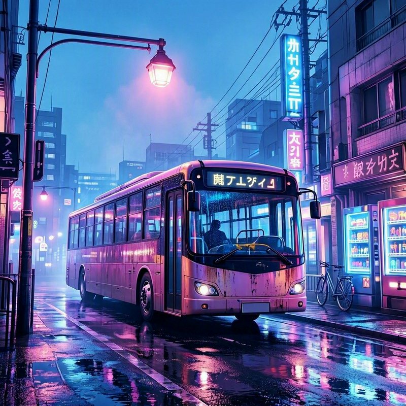 Cyberpunk anime public bus on rain-slicked Japanese city street, glowing pink and blue neon refle...