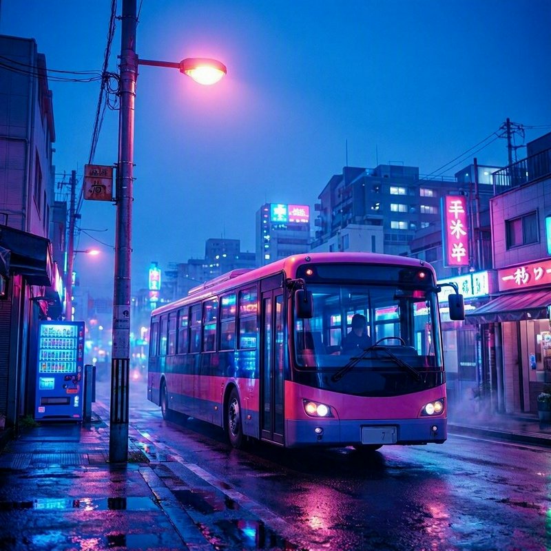 Pink public bus on rain-slicked misty Tokyo street at dusk, glowing neon signs illuminate wet ref...