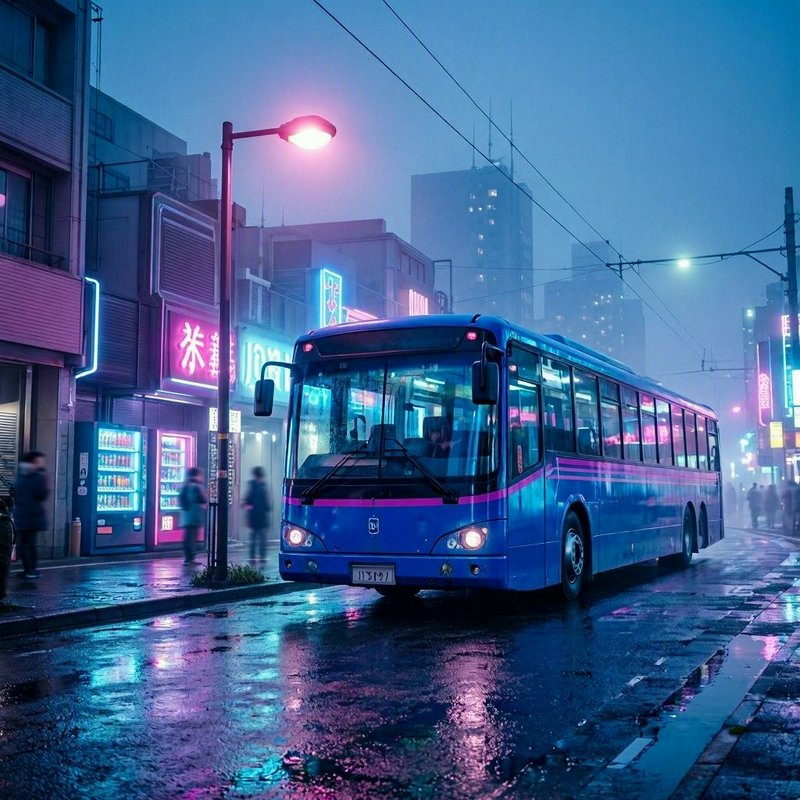 Blue public bus parked on rain-soaked foggy Tokyo street at dusk, neon signs reflect on glistenin...