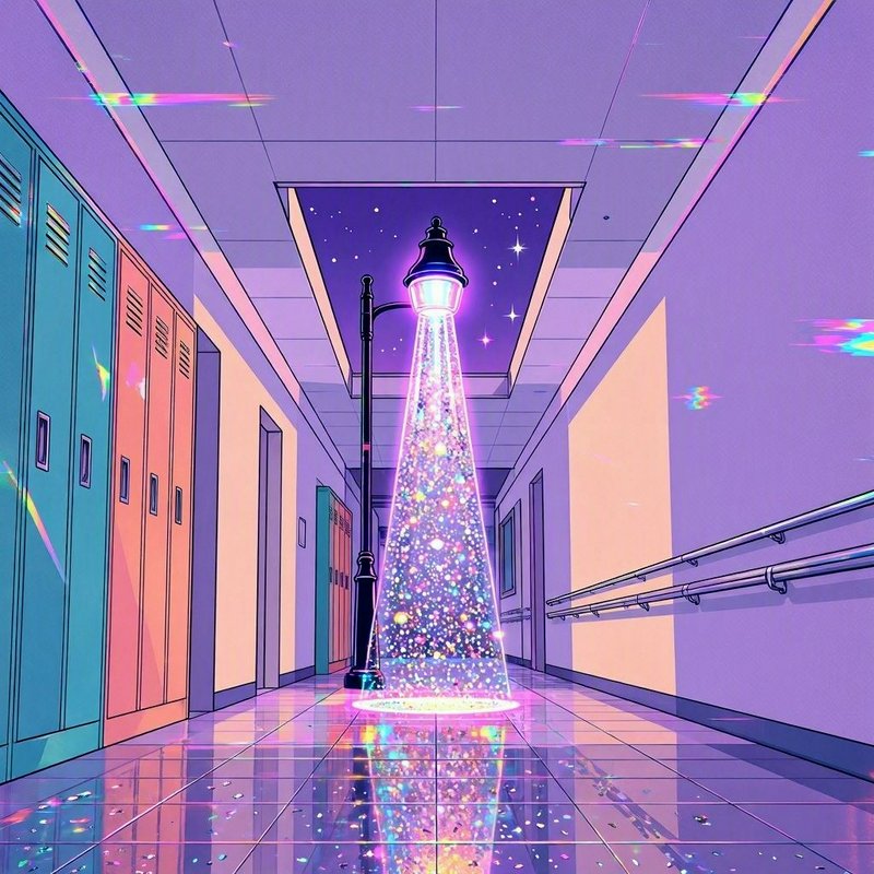Surreal retro anime school hallway, where a glowing street lamp projects an iridescent sparkly be...