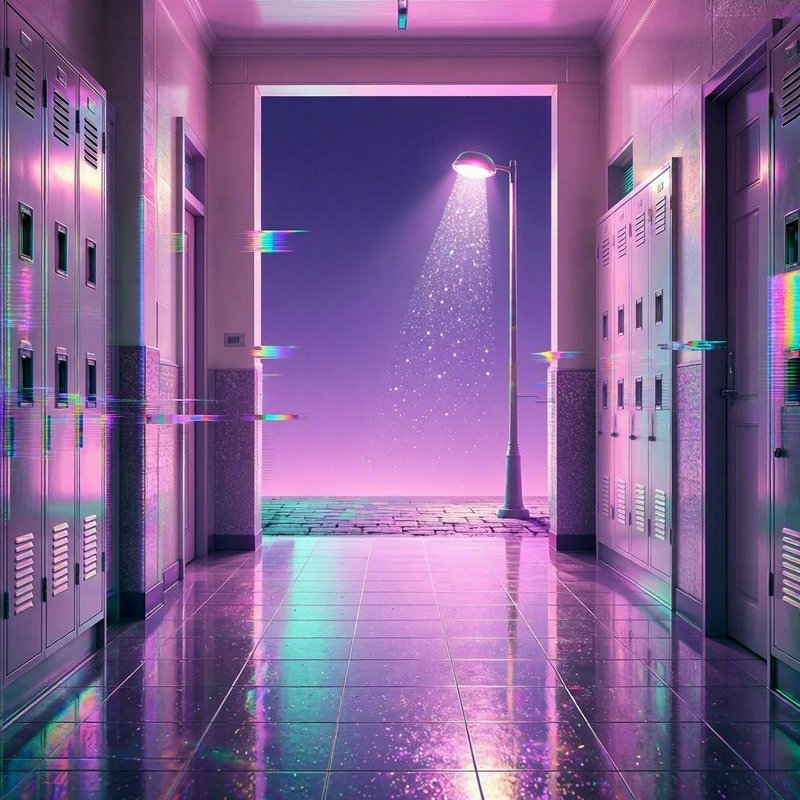 Surreal glitch-effect school hallway opens to a gradient purple twilight sky, with a glowing stre...