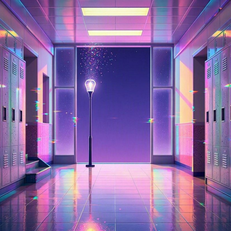 Surreal vaporwave school hallway with iridescent holographic lighting, lockers, and a glowing str...