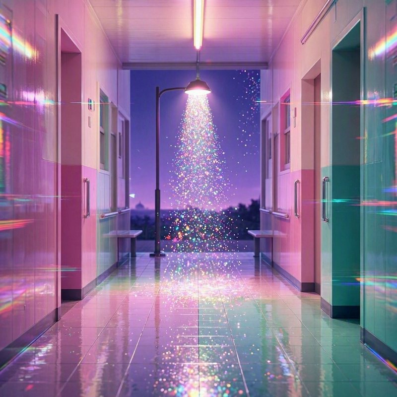 Surreal pastel gradient hallway with a street lamp pouring cascading iridescent sparkles toward a...