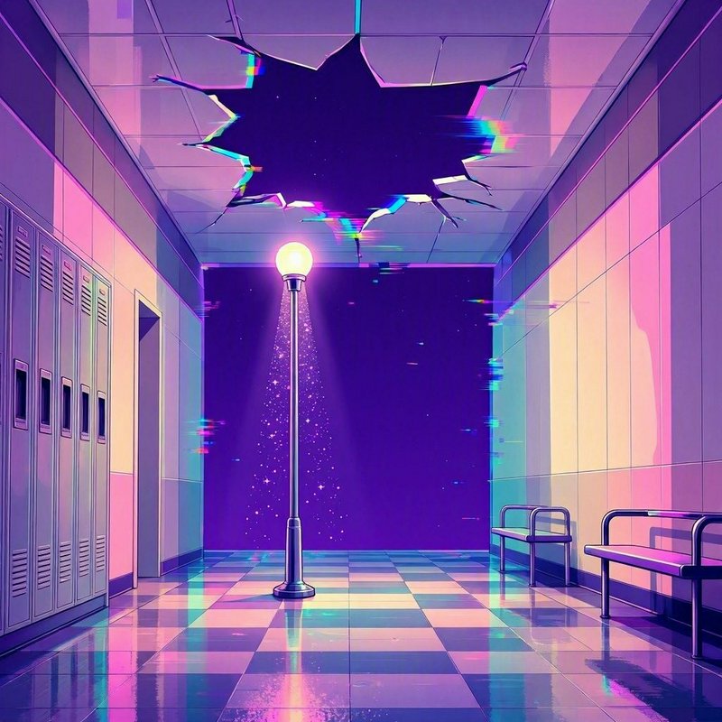 Surreal glitch art school hallway with a torn ceiling cosmic portal, floating streetlamp, pastel ...