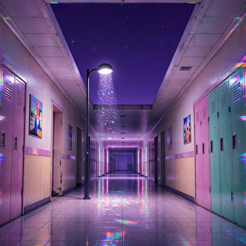 Surreal pastel school hallway with starry purple sky ceiling, glowing street lamp spilling sparkl...