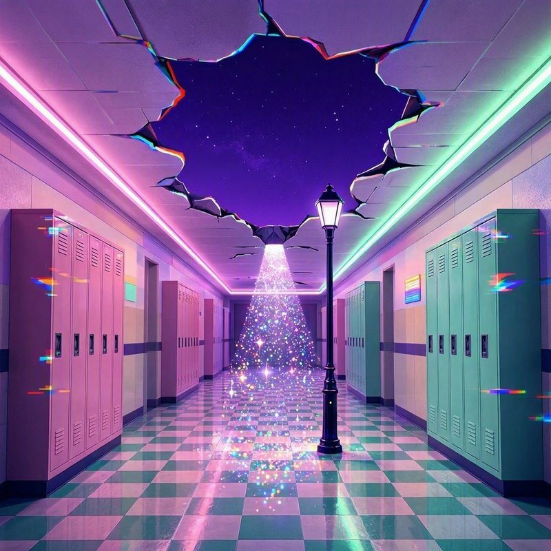 Surreal vaporwave school hallway with cracked ceiling opening to starry cosmic sky, glowing neon ...