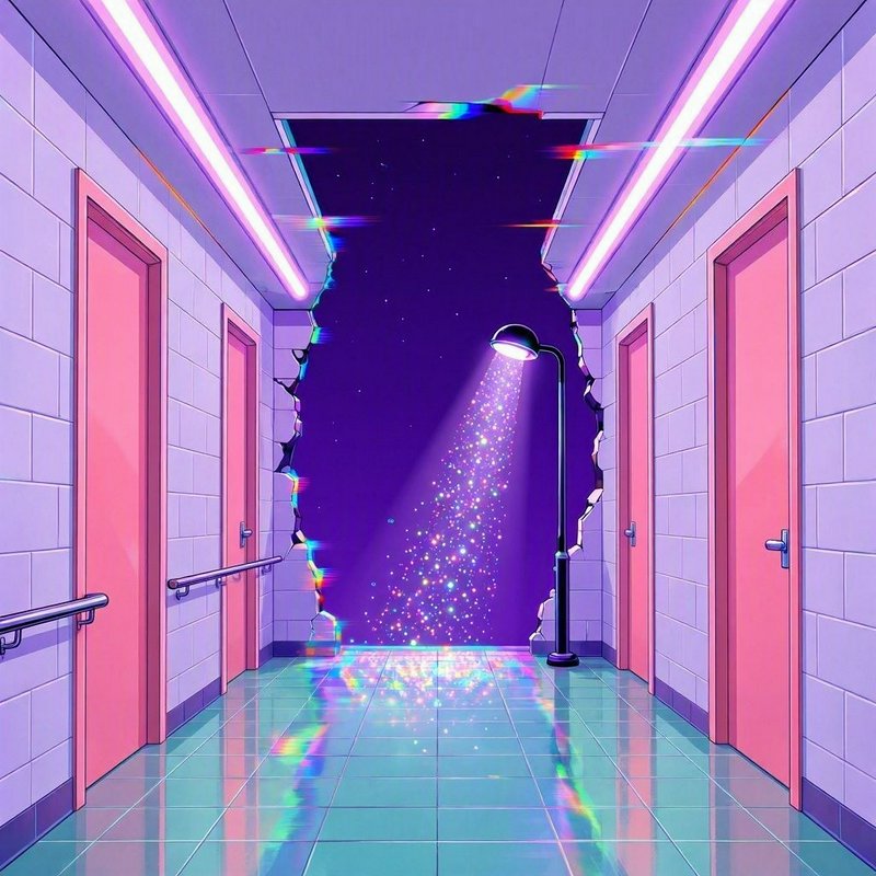 Surreal pastel liminal hallway with a glitchy dimensional tear opening to a starry cosmic void, g...
