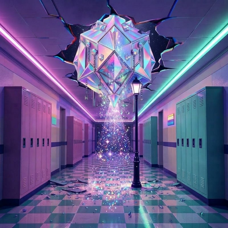 Surreal vaporwave school hallway, iridescent geometric crystal bursting through ceiling emitting ...