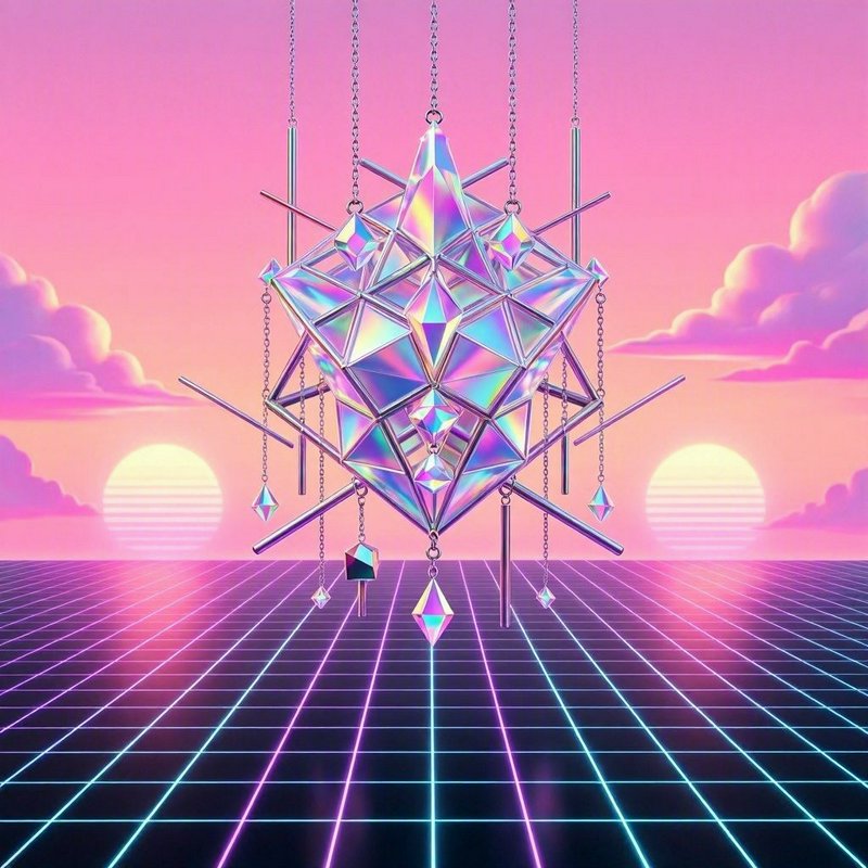 Iridescent faceted geometric crystal ornament suspended over a glowing synthwave grid, against a ...