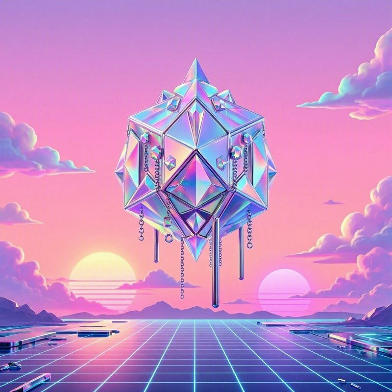 Iridescent faceted floating crystal hovers over a retro synthwave grid landscape beneath a pastel...