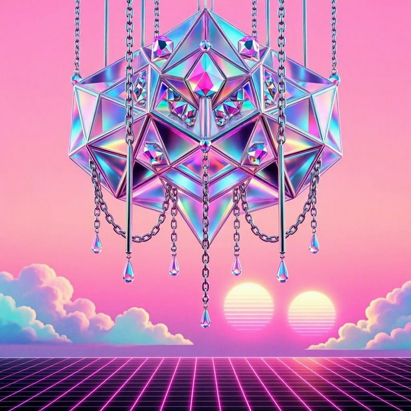 Iridescent faceted crystal chandelier hangs over a neon grid under a pastel pink synthwave sunset...