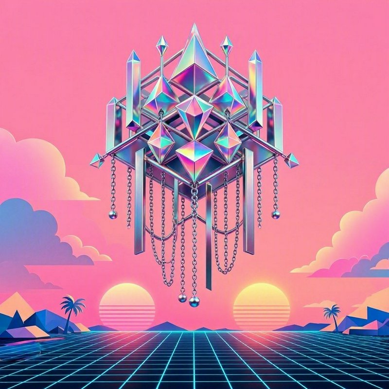 Floating iridescent geometric crystal chandelier above pastel vaporwave landscape with glowing ne...