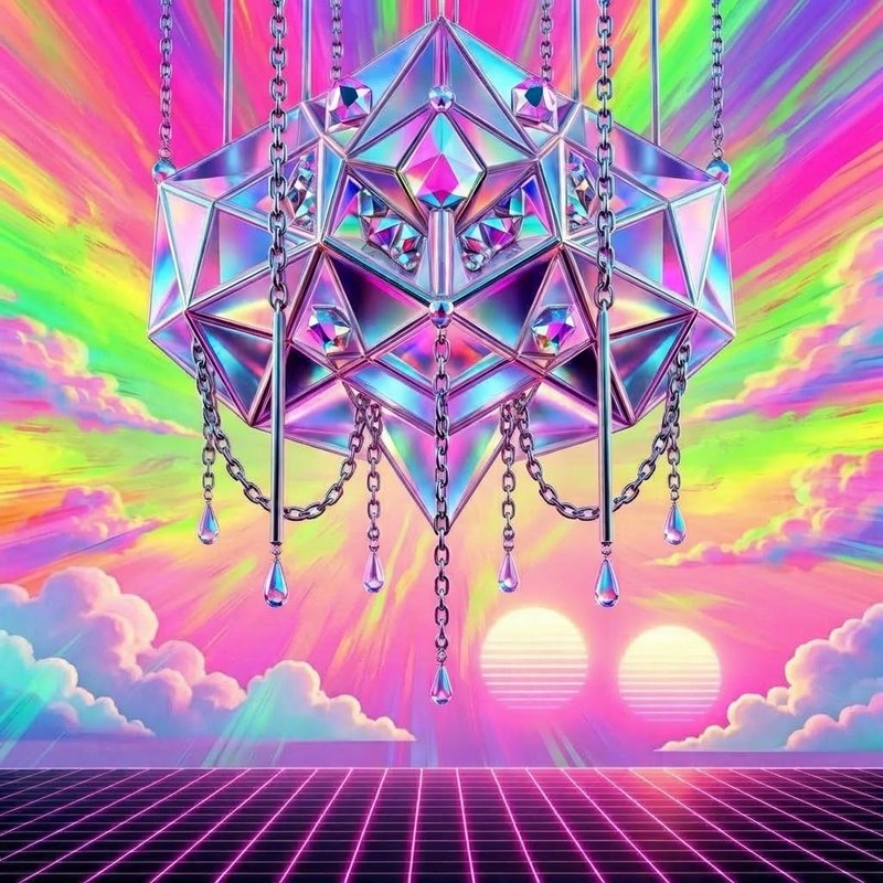 Iridescent faceted crystal chandelier suspended above retro synthwave grid under swirling rainbow...