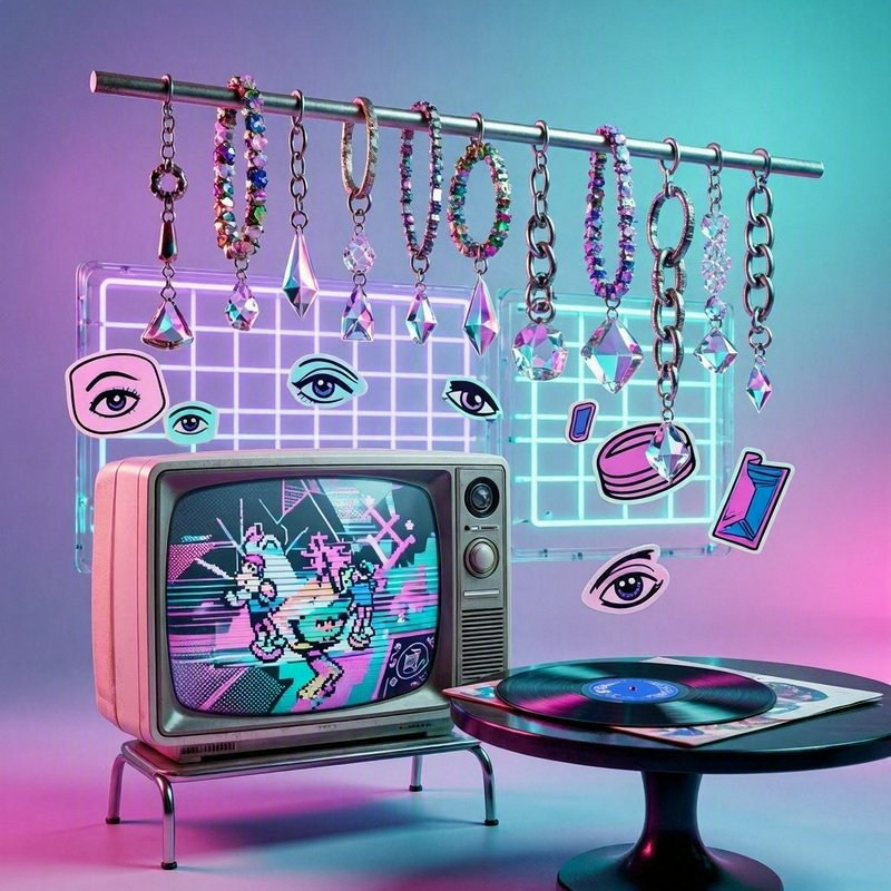 Retro vaporwave still life featuring a vintage CRT TV, hanging crystal jewelry, and vinyl record ...