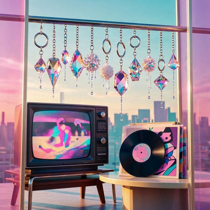 Pastel vaporwave scene with retro CRT TV, vinyl records, hanging iridescent crystal suncatchers, ...