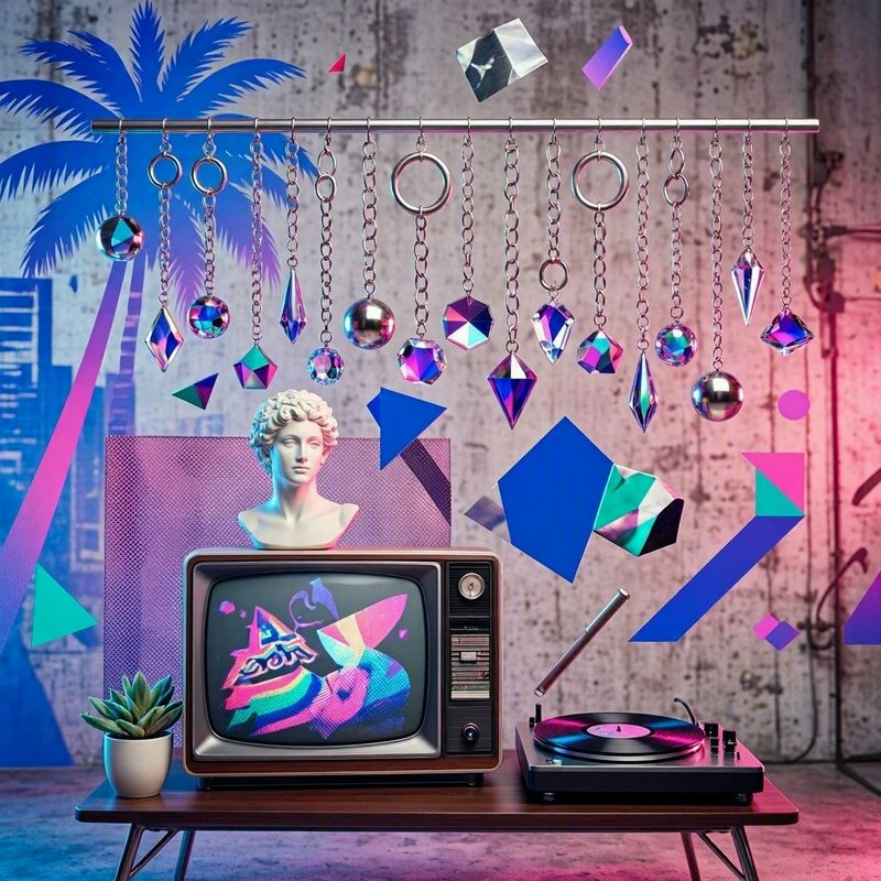 Surreal vaporwave still life with retro TV, turntable, classical bust, hanging crystals, and 80s ...