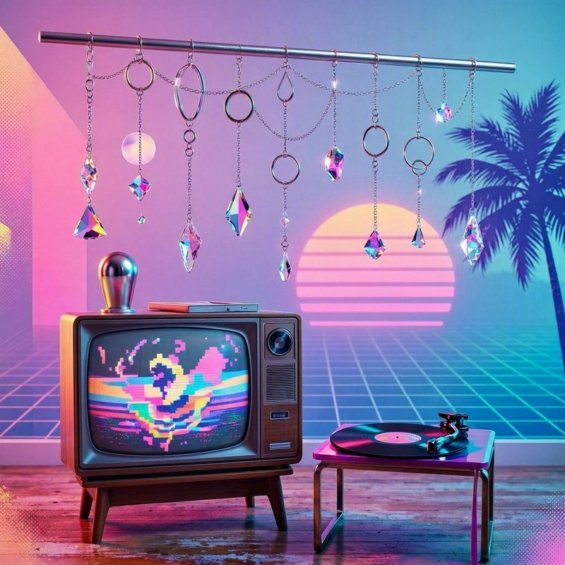 Vaporwave scene with vintage CRT TV, turntable, hanging crystal charms, and synthwave sunset grid...
