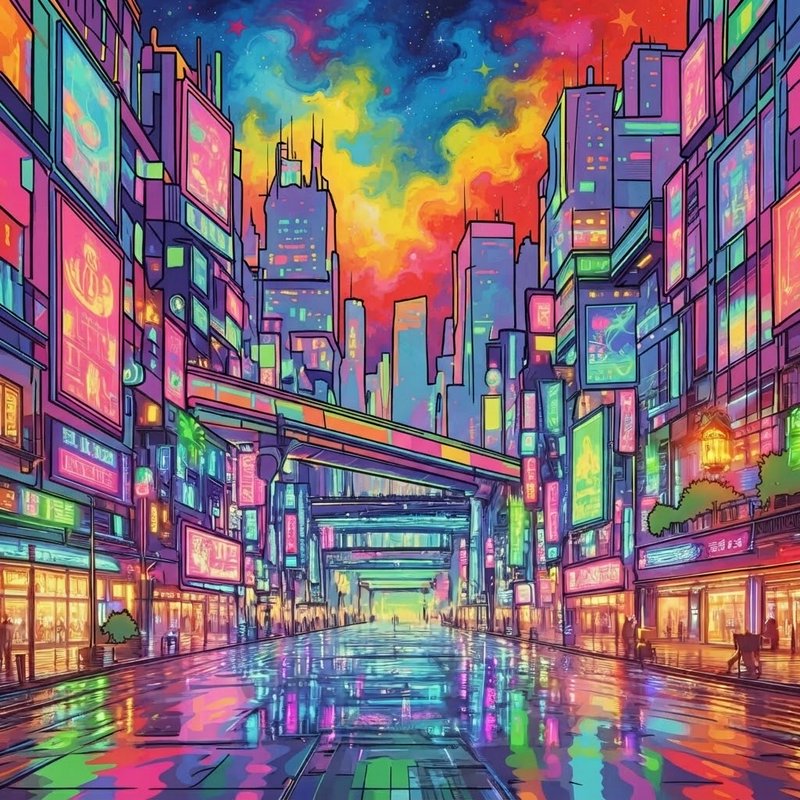 Vibrant illustrated cyberpunk city street, wet reflective pavement, glowing neon signs, swirling ...