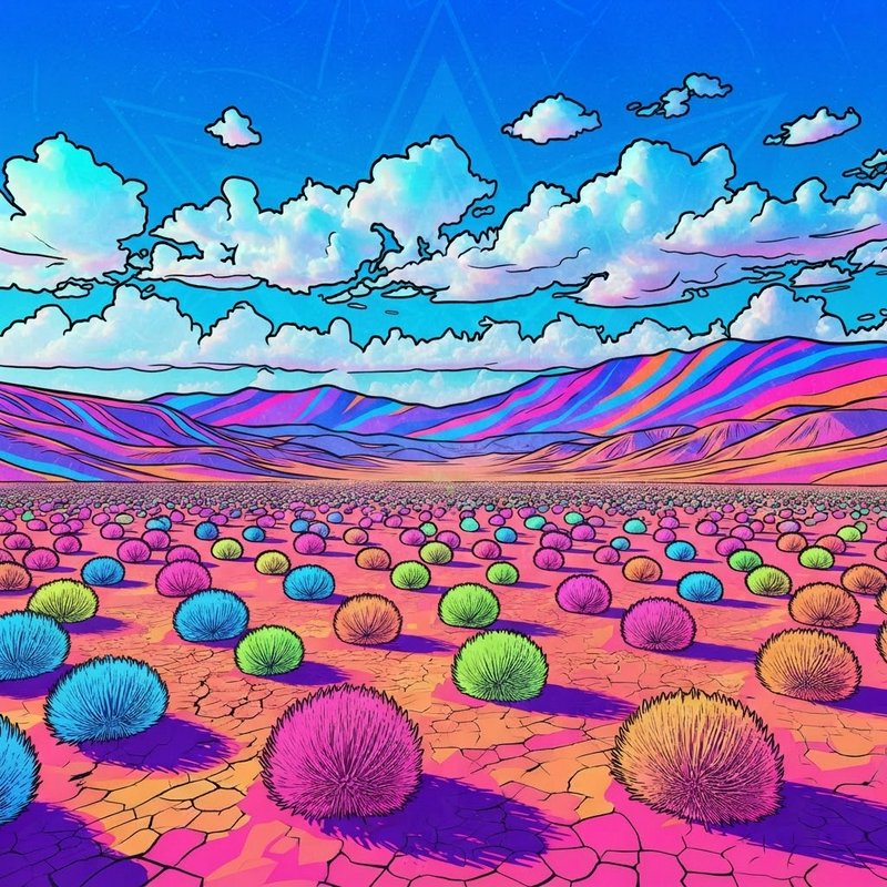 Psychedelic pop art desert landscape with rainbow striped mountains, bright fuzzy round shrubs, a...