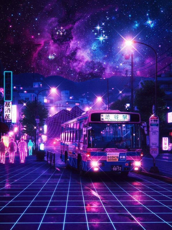 Vaporwave cyberpunk Japanese street scene, Shibuya-bound city bus under a glowing purple starry n...