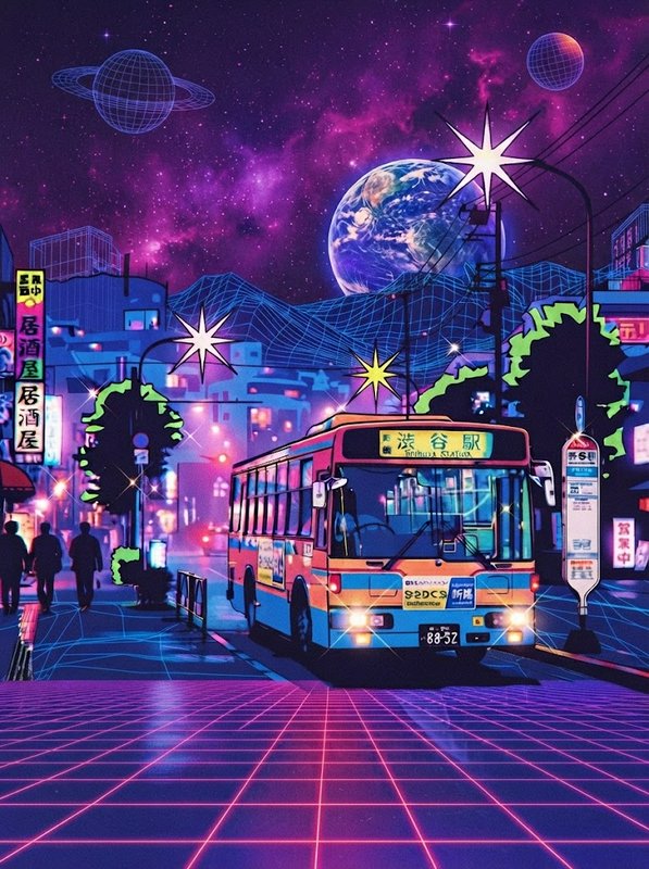Retro synthwave Japanese city street illustration, featuring a public transit bus, glowing grid p...