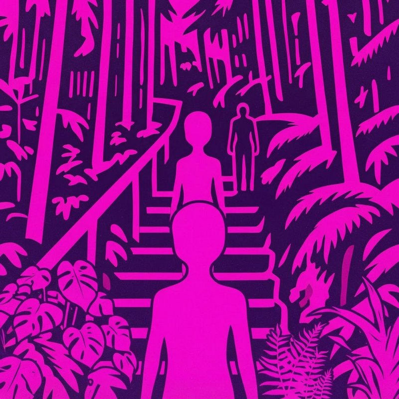Bright hot pink linocut illustration of silhouetted figures on a jungle staircase against a dark ...
