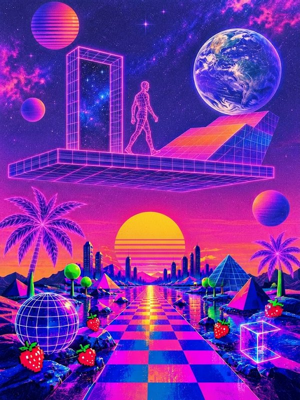 Surreal vaporwave synthwave art showing a wireframe human walking toward a neon portal above a re...
