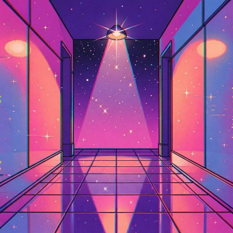 Glowing retro synthwave illustration of an empty hallway with starry neon pink, purple, and blue ...
