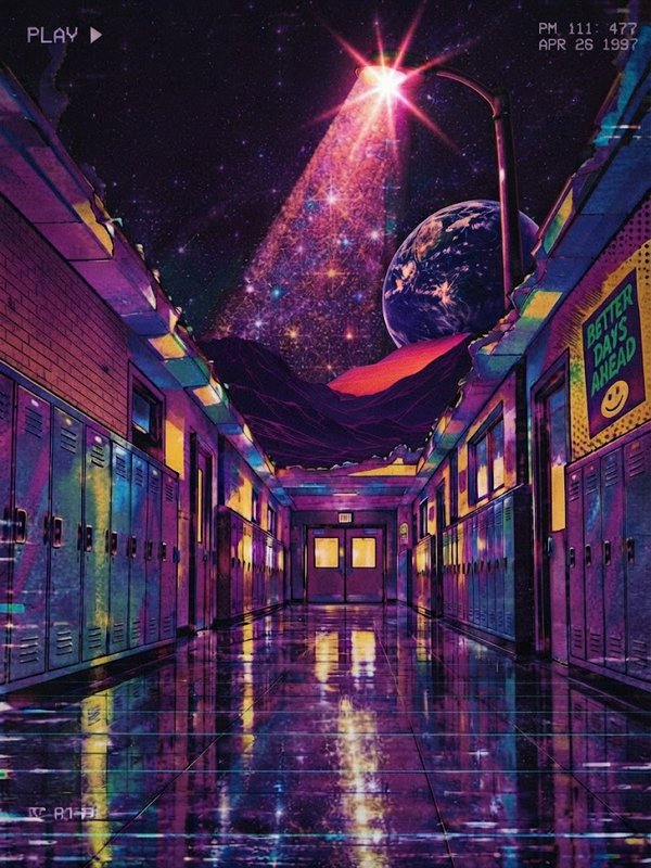 Surreal VHS-style retro school hallway opening to cosmic outer space, neon synthwave aesthetic