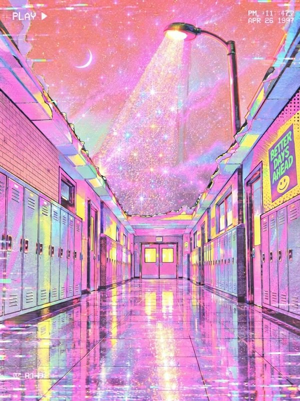 Surreal vaporwave school hallway with starry pastel pink sky, retro VHS overlay, and hopeful "Bet...