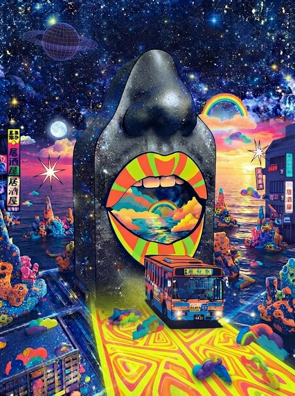 Surreal psychedelic illustration of a giant face portal, city bus on glowing neon path in a vibrant cosmic dreamscape