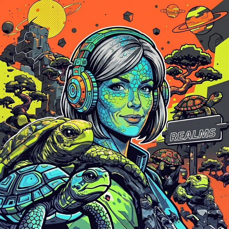 Vibrant pop art sci-fi portrait of scaly humanoid with futuristic headphones, surrounded by turtles in an alien fantasy