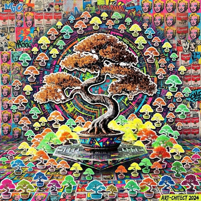 Vibrant maximalist pop art collage with a central gnarled bonsai tree surrounded by a mandala of multicolor miniature