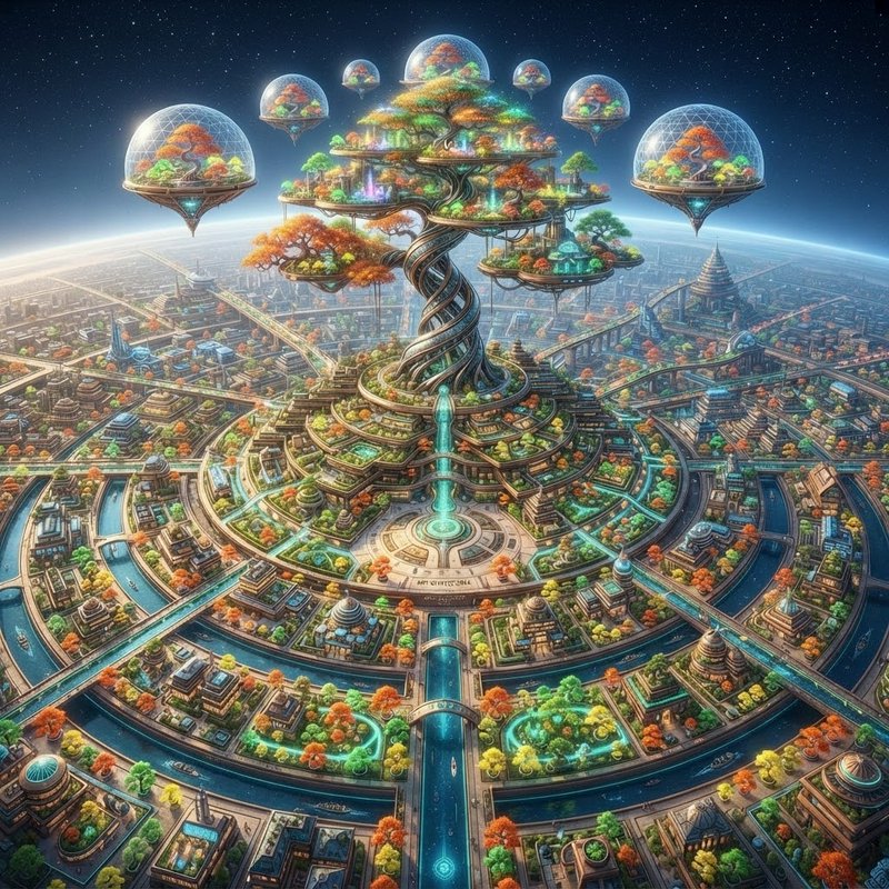 Futuristic utopian floating world tree city, domed biospheres hovering above a circular sci-fi planet city under a