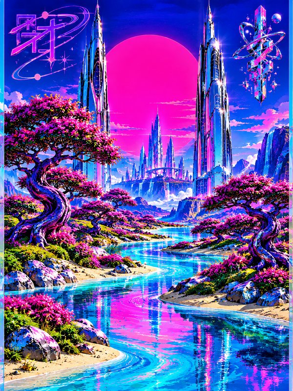 Vibrant futuristic alien cityscape with a giant pink planet, neon river, pink blossom trees and glowing crystalline