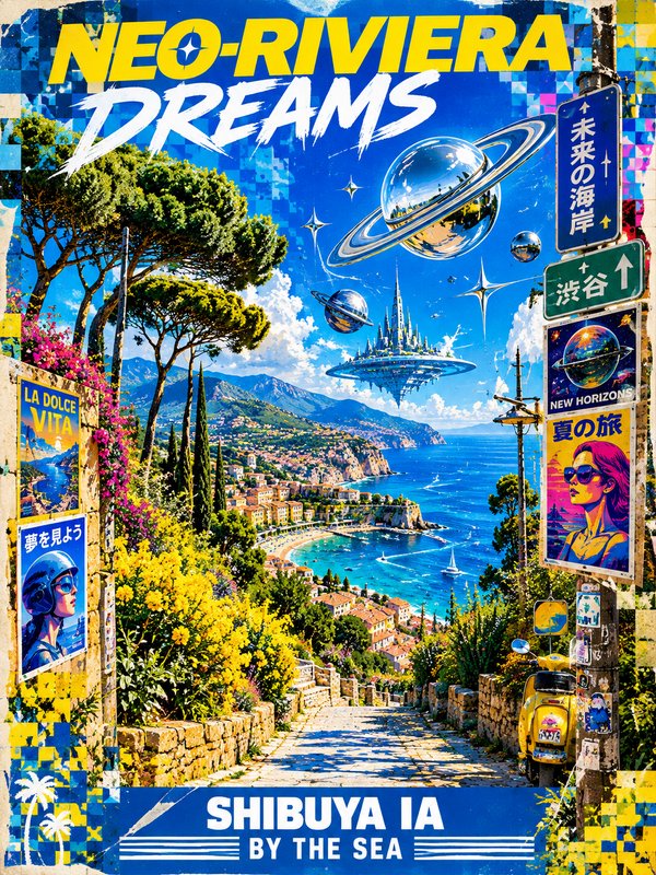 Retro-futurist "Neo-Riviera Dreams" travel poster blending Mediterranean coastal scenery with floating sci-fi cities