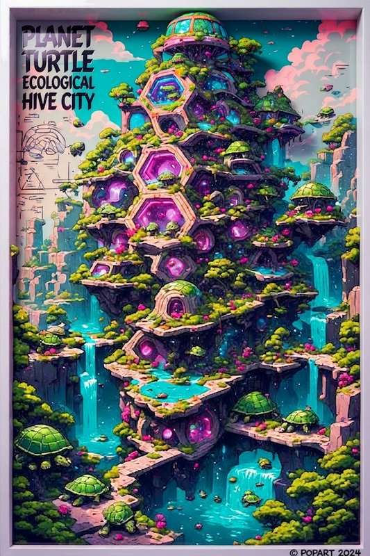 Framed fantasy illustration of the Planet Turtle Ecological Hive City, featuring tiered architecture, waterfalls, lush
