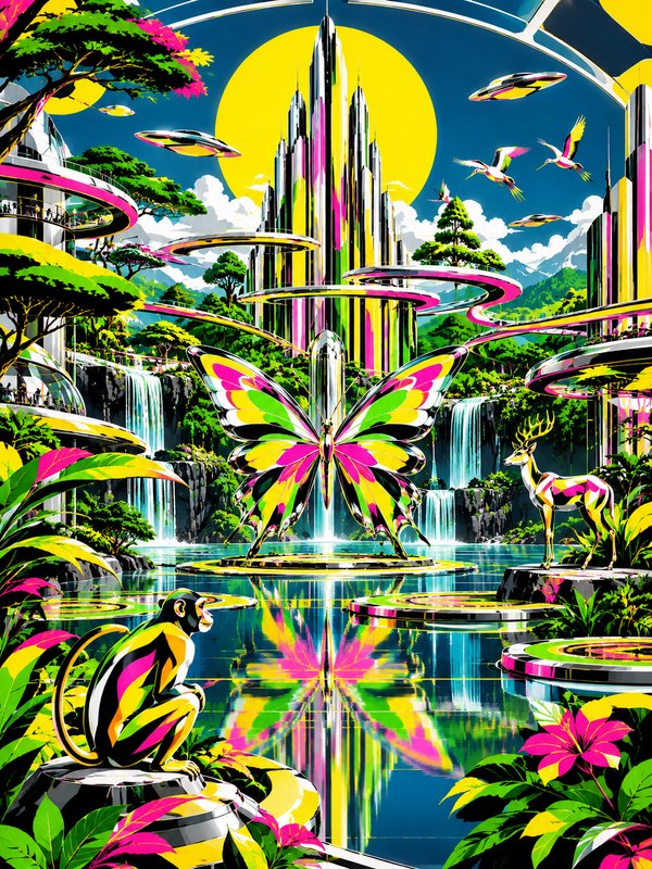 Vibrant futuristic biodome scene with giant butterfly statue, stylized wildlife, skyscrapers, waterfalls, and flying
