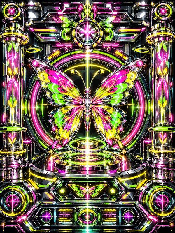 Symmetrical chrome cyber butterfly with glowing neon pink, green, yellow futuristic sci-fi frame