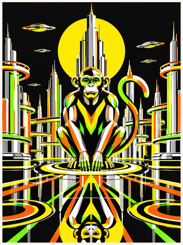 Stylized geometric monkey perched on a platform above a reflective retro-futuristic city with UFOs and bright sun halo