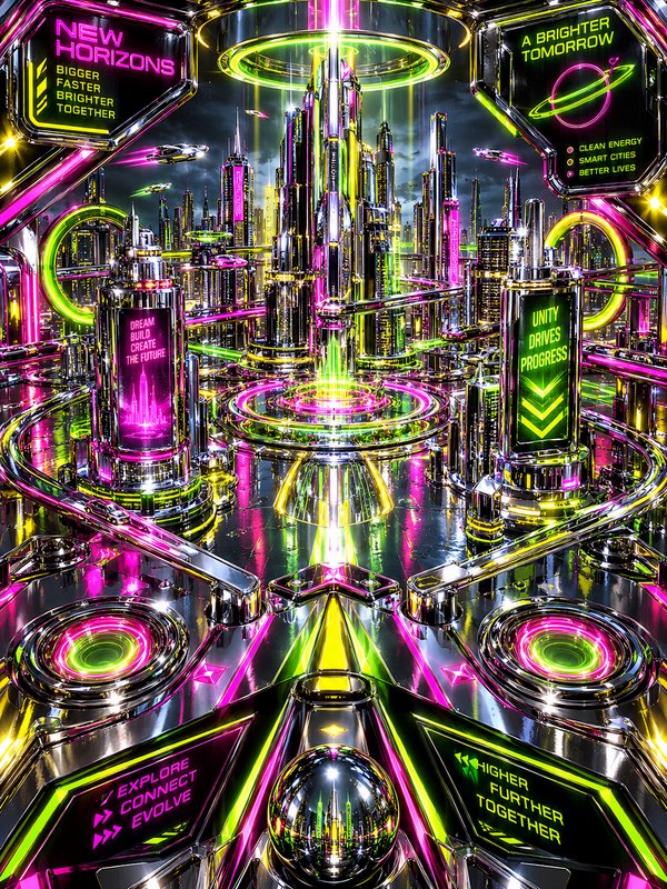 Vibrant cyberpunk futuristic cityscape with chrome skyscrapers, glowing pink and lime neon signage, flying craft, and
