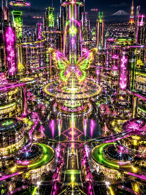 Futuristic cyberpunk Tokyo night cityscape with a giant glowing neon butterfly monument and distant Mount Fuji