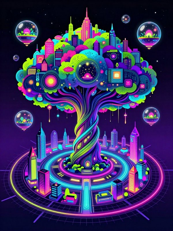 Vibrant neon cyberpunk illustration of a twisted cosmic tree holding a futuristic city canopy, with floating orbs in
