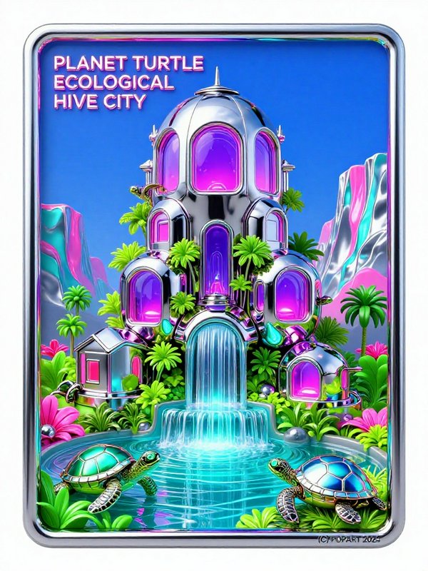 Chrome framed trading card of Planet Turtle Ecological Hive City featuring domed sci-fi buildings, glowing water, and