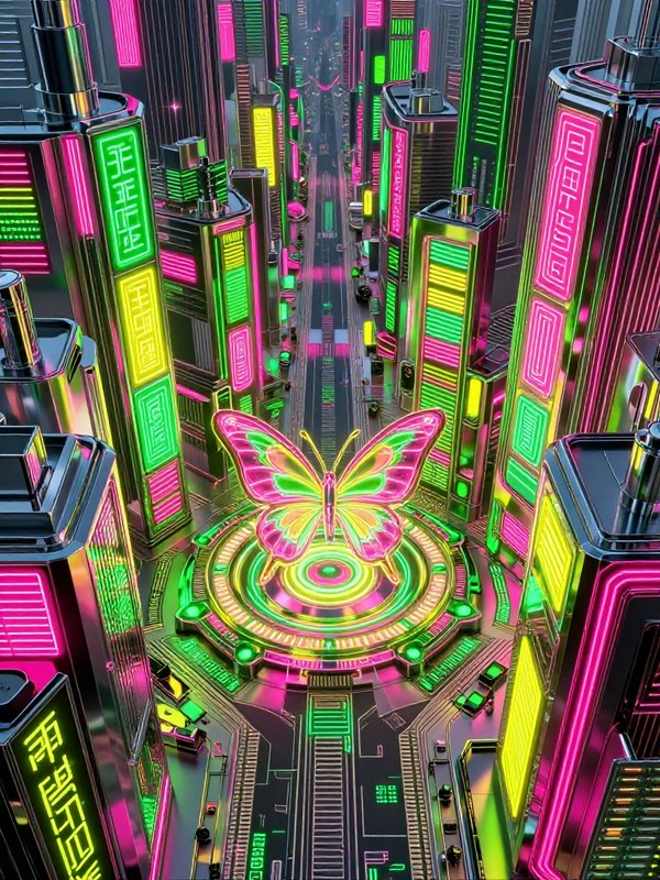 Aerial view of a neon cyberpunk city with a glowing neon butterfly monument at a central downtown plaza