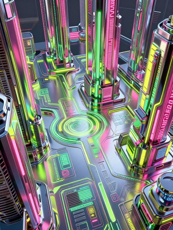 Top-down angled view of neon cyberpunk metropolis with chrome skyscrapers and glowing circuit board ground