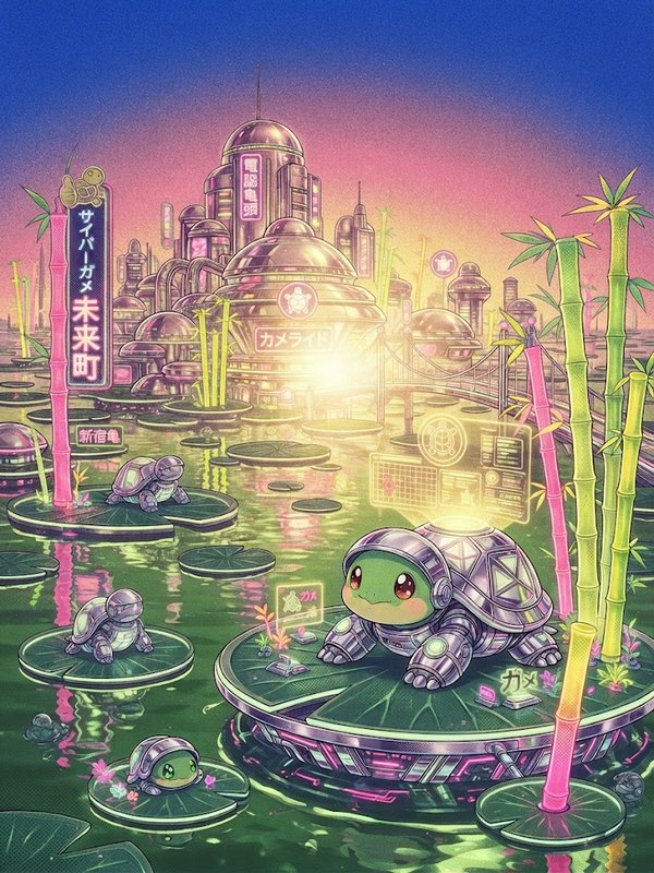 Cute armored robotic turtles rest on lily pads in a glowing neon futuristic cyberpunk aquatic city at sunset